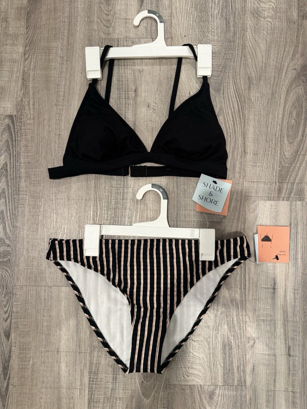 Shade & Shore Black Triangle Bikini Top with Striped Bottom
